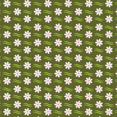 Dark olive-green background with white daisy flowers evenly spaced