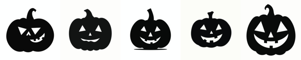 Halloween Pumpkin Silhouette Icon Set – Black Jack-o'-Lantern Vector Collection