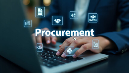 Digital procurement system concept showing hands on keyboard with icons representing invoices, supplier management, contracts ideal for B2B solutions, enterprise software and supply chain tech