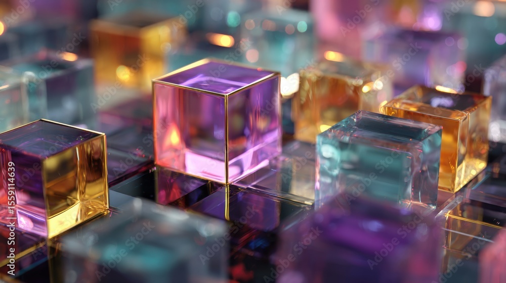Poster a collection of translucent cubes in vibrant colors, arranged in a captivating pattern. the arrangem