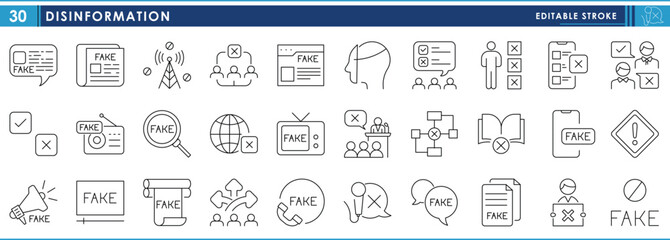 A set of line icons related to Disinformation. Fake, interview, information, warning, network, mask, call, and so on. Vector editable stroke.
