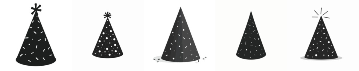 Black Cone Party Hat Icons – Flat Birthday Celebration Vector Set