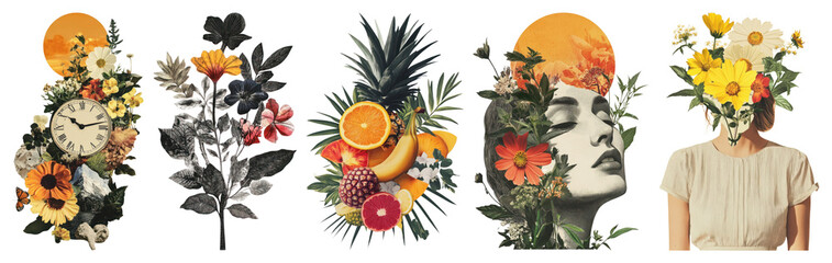 PNG Artistic floral collage portraits, element set on transparent background