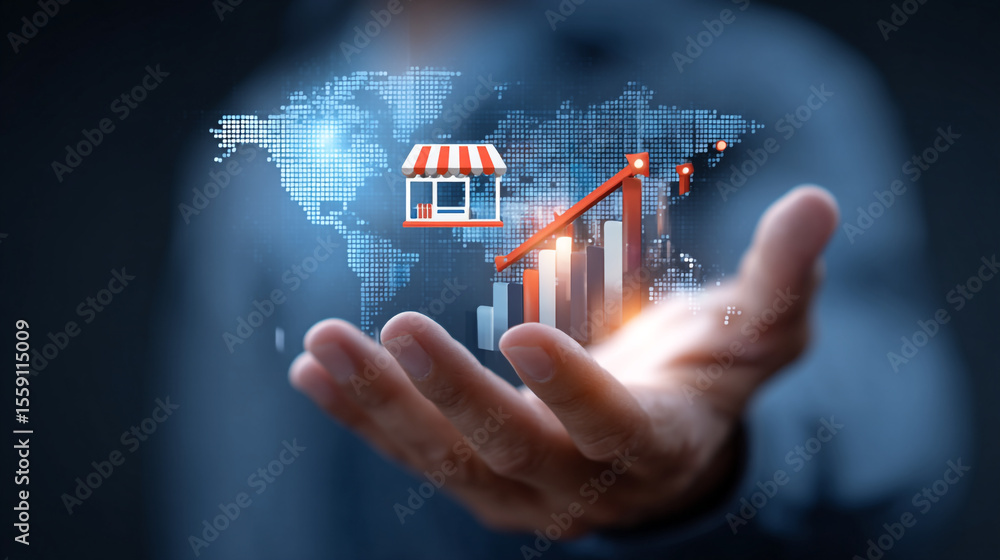 Poster a hand holding a world map with a shop icon and a rising bar graph in a business concept image