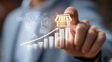 Hand interacting with glowing store icon and bar graph over a world map background image