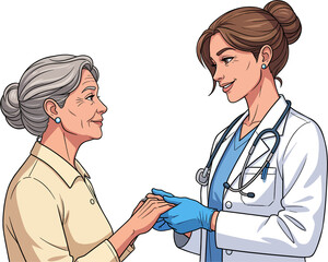 Emotional illustration of a young doctor providing support to an elderly woman during a consultation. Geriatric Doctor Offering Support to an Elderly Patient.