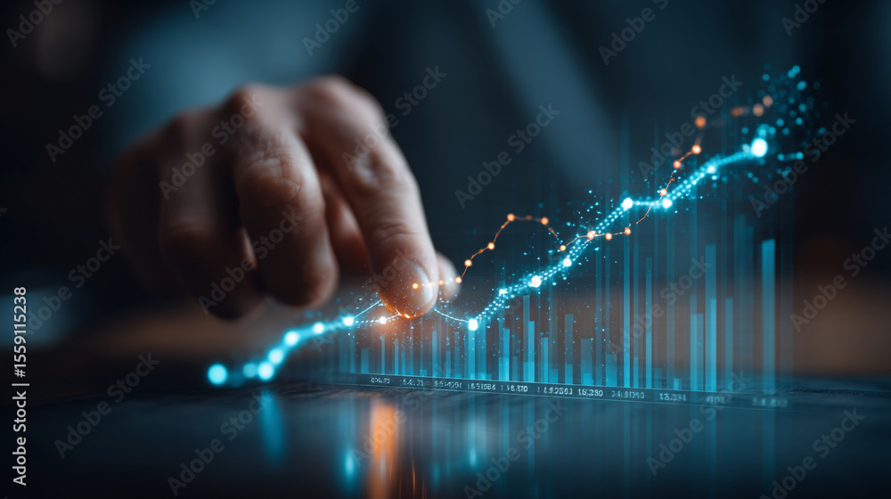 Poster hand interacting with glowing digital graph and bar chart showing upward trend on a dark background
