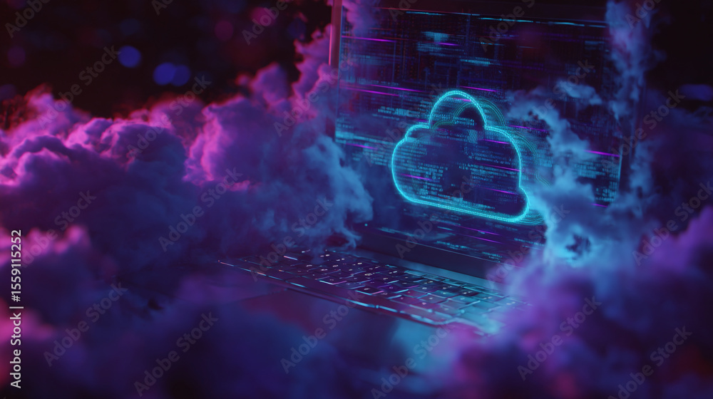 Poster laptop with a cloud symbol surrounded by clouds in a dark and colorful atmosphere showing technology