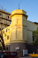 Side Tower of fort wall of Rajwada, Indore, Madhya Pradesh. Also known as the Holkar Palace or Old Palace. Indian Architecture.