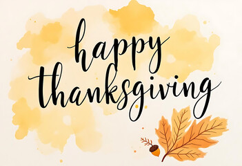 Happy thanksgiving calligraphy with autumn leaves and acorn design.