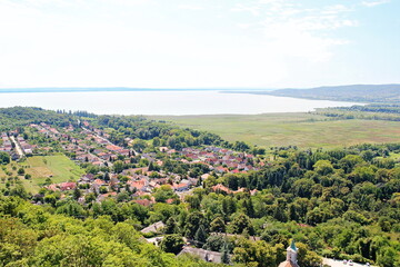 Aerial View with Lake Balaton, Balaton Uplands and City of Szigliget in Hungary