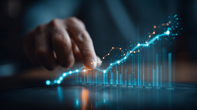 Hand interacting with glowing digital graph and bar chart showing upward trend on a dark background