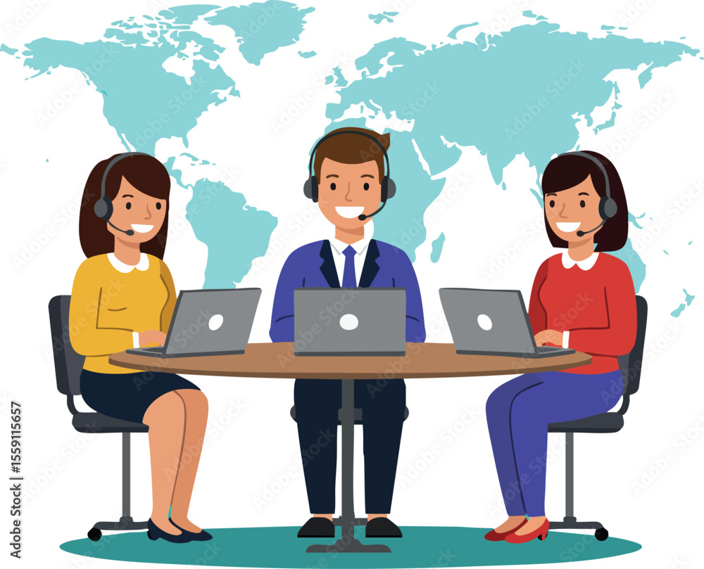 Poster customer support team working with laptops and headsets in office with world map background vector i