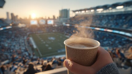 Holding a steaming cup of coffee while watching an exciting football game under the warm glow of a setting sun in a bustling stadium filled with fans.