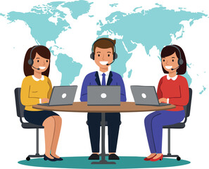 Fototapeta premium Customer support team working with laptops and headsets in office with world map background vector illustration