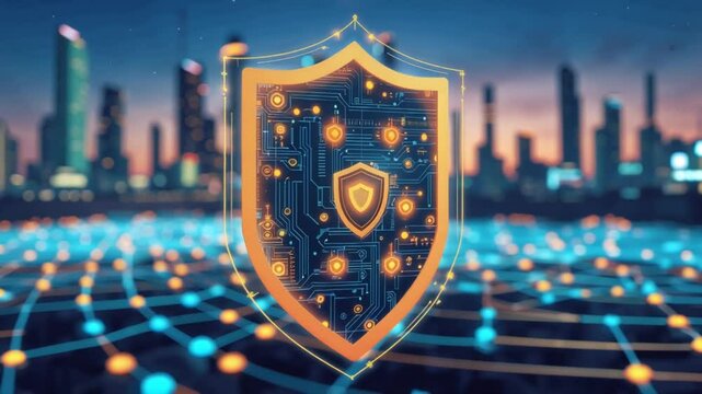 Cyber Security Shield Protecting Digital Cityscape Data Network Concept Illustrating Protection