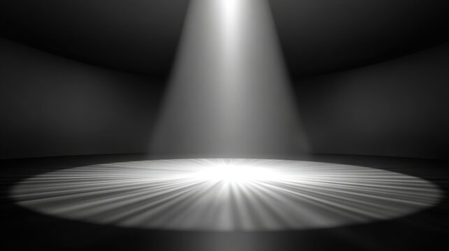 A bright spotlight shines down onto a circular area on a dark stage, creating a dramatic effect that enhances the atmosphere for a performance, engaging both performers and audience alike.