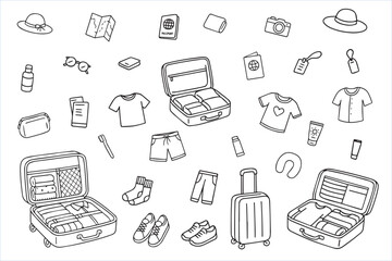 Travel essentials including suitcase, backpack, camera, clothes, maps, hygiene products in doodle style. Vector illustration