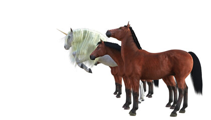 A white unicorn with blue eyes open jumping ahead of a row of brown horses with closed eyes. Concept of being unique and special. 3D illustration on transparent background. 