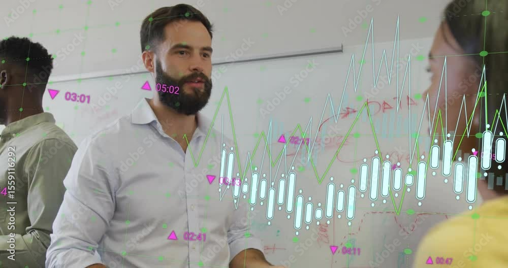 Poster man entering with marker pointing at charts and explaining market data with animated candlesticks