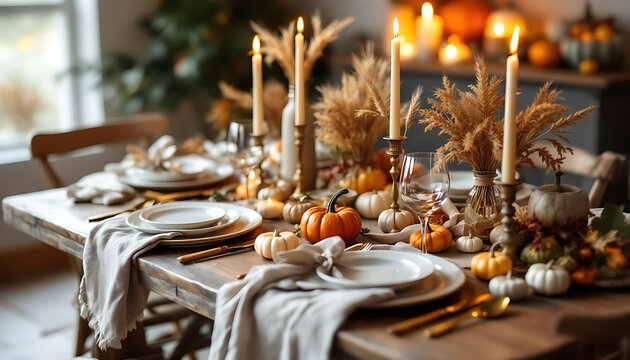 Elegant autumn table setting with pumpkins and candles for a cozy celebration.