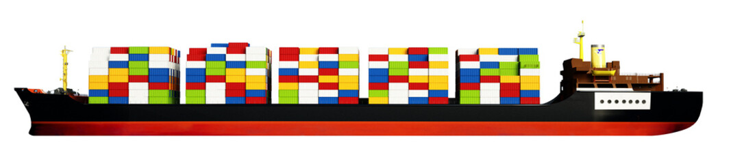 Cargo ship loaded with multi colored containers on transparent background.. 3D illustration