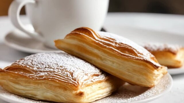 Two flaky pastries dusted with powdered sugar on a white plate beside a white coffee cup. The scene is cozy and inviting, perfect for a breakfast setting.