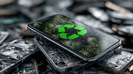 A smartphone displaying a recycling symbol is positioned on a pile of old electronic devices in a recycling facility, emphasizing the importance of electronic waste management and recycling efforts.