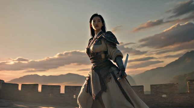 Armored Chinese swordswoman stands with sword near sunlit castle wall