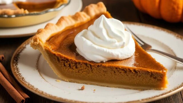 A slice of pumpkin pie topped with whipped cream on a white plate. Cinnamon sticks and a whole pumpkin are in the background. Perfect for autumn desserts.
