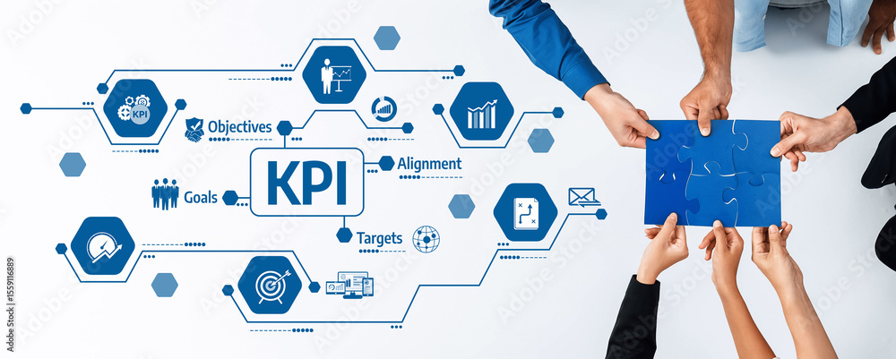 Fototapete This stock image captures a collaborative work setting with hands engaged in assembling a puzzle while discussing KPI metrics and goal alignment for effective business strategy. Amity