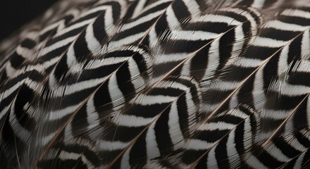 Close-up view of intricately patterned black and white bird feathers, showcasing their texture and overlapping structure.