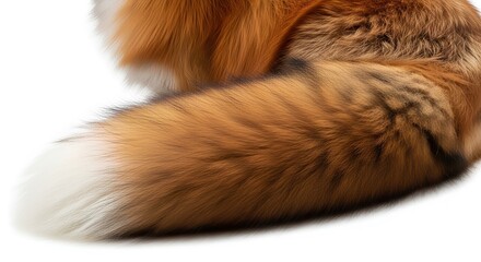 Obraz premium Close-up shot of a fox's bushy tail, showcasing its orange and white fur against a plain white background.