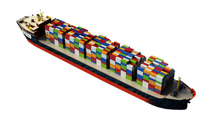Cargo ship loaded with multi colored containers on transparent background.. 3D illustration