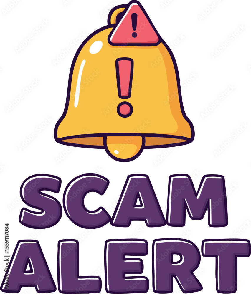 Poster scam alert notification icon with yellow bell and exclamation mark warning symbol in vector design
