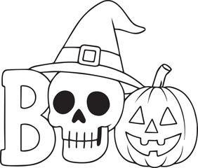 Spooky Halloween Illustration Skull, Witch Hat, Pumpkin, and 'Boo'