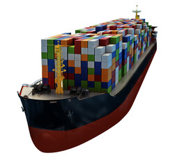 Cargo ship loaded with multi colored containers on transparent background.. 3D illustration