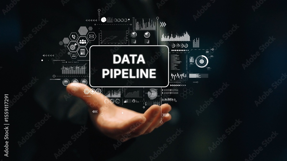 Poster modern data pipeline concept with visualizations in digital environment and hand gesture demonstrati