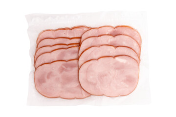 cooked and smoked ham isolated on white background, top view, slices of cold smoked meat in plastic...
