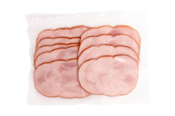 cooked and smoked ham isolated on white background, top view, slices of cold smoked meat in plastic package for any design