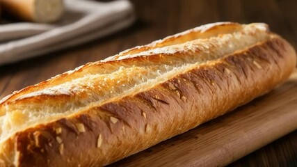 A freshly baked baguette on a wooden cutting board. The crust is golden brown and crispy, with a soft interior. A cloth and additional bread are in the background. - Powered by Adobe