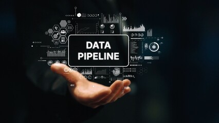 Modern Data Pipeline Concept with Visualizations in Digital Environment and Hand Gesture Demonstration. Asymptotic smart data analytic.
