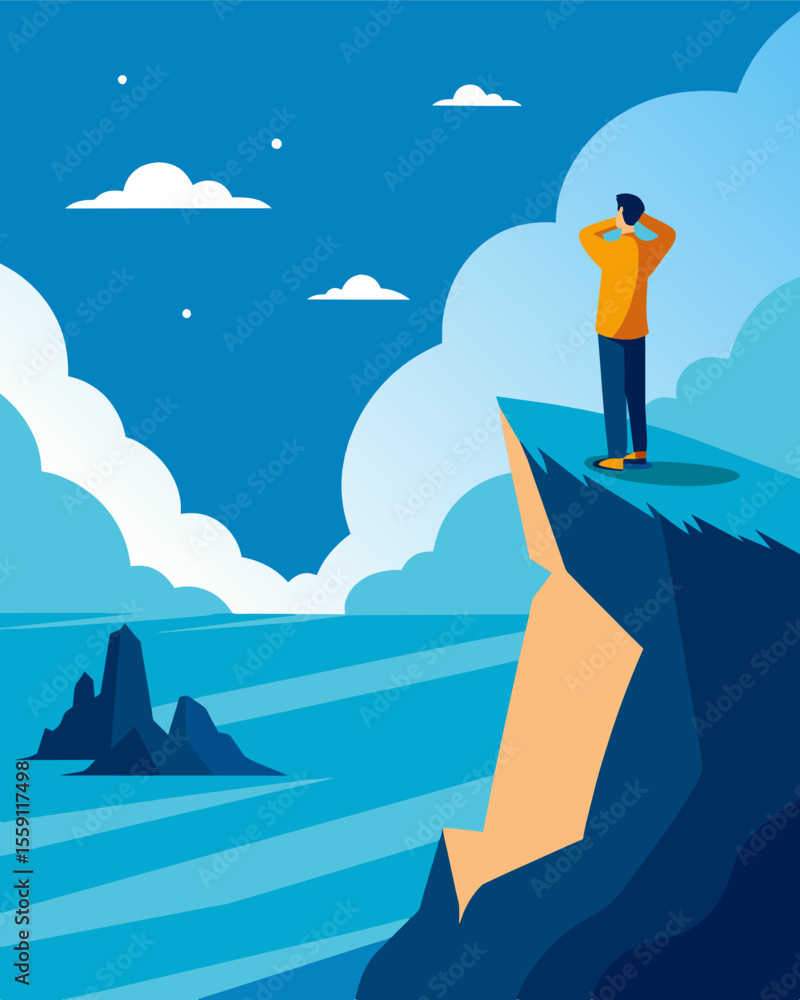 Poster standing on a cliff by the ocean a figure gazes out into the vast expanse their doubts echoing in th