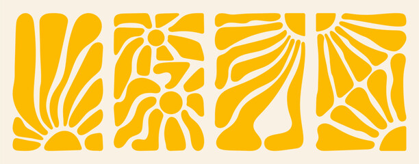 Set of 70s wavy sun flowers background. Summer  wavy flower retro groovy background. Yellow retro groovy flowers. 