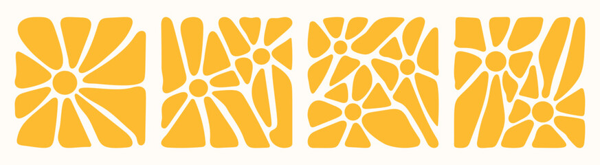 Set of 70s wavy sun flowers background. Summer  wavy flower retro groovy background. Yellow retro groovy flowers. 