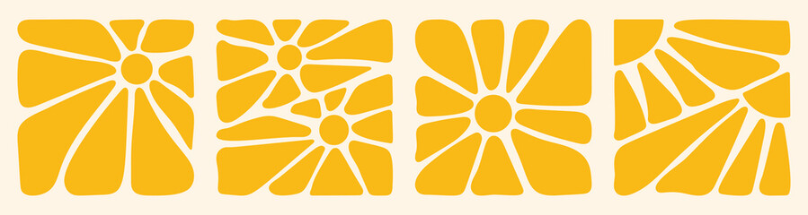 Set of 70s wavy sun flowers background. Summer  wavy flower retro groovy background. Yellow retro groovy flowers. 