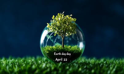 Small green tree inside glass sphere on grass with Earth day April 22 text sapling globe