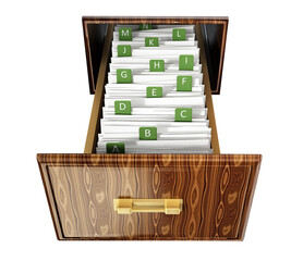 Library catalogue wooden drawer on transparent background. 3D illustration