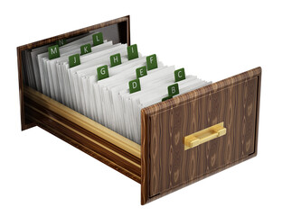 Library catalogue wooden drawer on transparent background. 3D illustration
