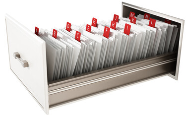 Library catalogue wooden drawer on transparent background. 3D illustration